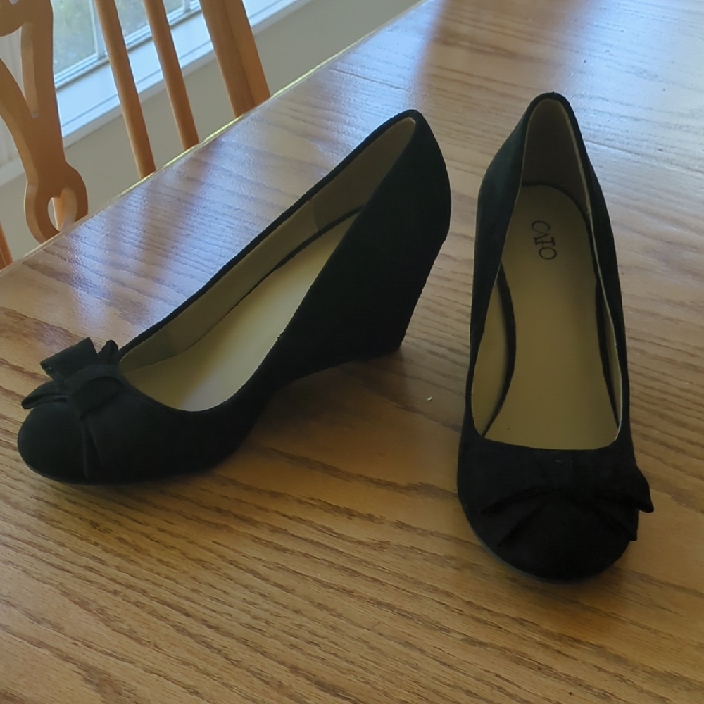 Cato Elegant Black Wedge Shoes with Bow Detail NEW
